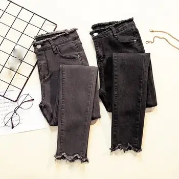 

Hot Sale 2019 Fashion Women Casual Skinny Pants Scratch Worn Feet Vintage Black Blue Jeans