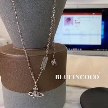 

925 Silver Necklace with Retro Thai Silver Small Globe Saturn Inlaid Rhinestone and Alloy Chain Necklace for Student Gifts