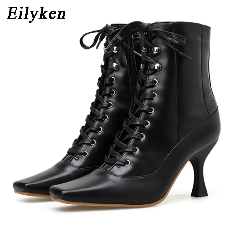 Eilyken/Размеры 35-39; дизайнерская женская обувь; Новинка года; сезон осень-зима ботинки черного цвета на каблуке ботильоны на платформе со шнуровкой высокий каблук 8 см