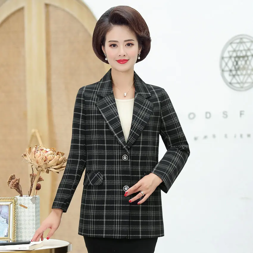 Middle Aged Women Plaid Blazer Autumn Spring Red Gray Checked Pattern Jacket Suit Mature Woman Elegant Outfits Notched Collar