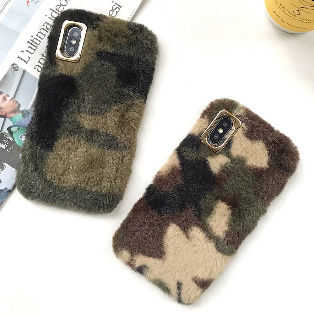 

LCHULLE Warm Furry Fluffy Cases for Samsung S7 Edge S8 S9 Plus Note 8 9 Soft Fur Army Green Camouflage Phone Cover Coque Shell