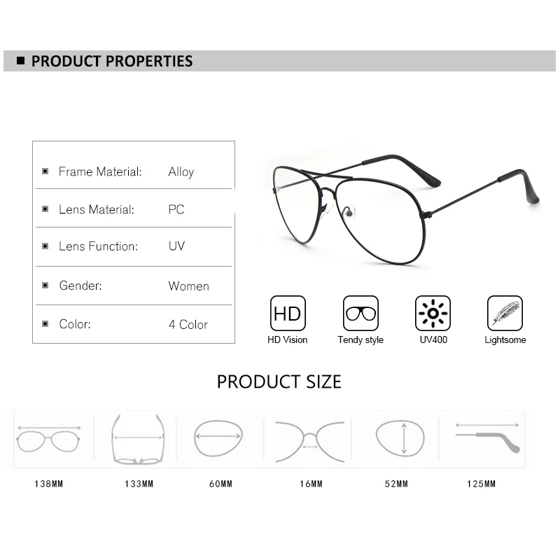 RFOLVE Fashion Pilot Glasses Women Black Gold Silver Aviation Alloy Eyeglasses Frame Ladies Fashion Match Glasses Frame MI53