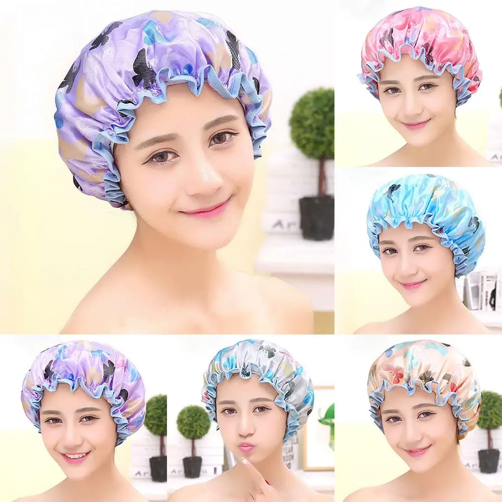 

Women Butterfly Pattern Double Layer Waterproof Elastic Bathing Hat Shower Cap HOT