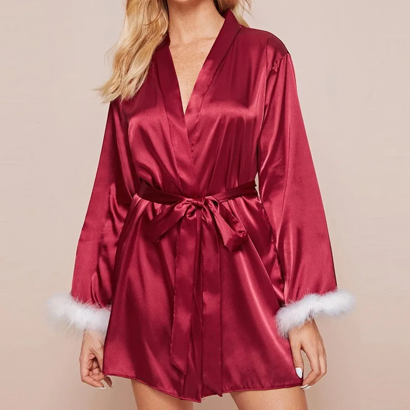

Muyogrt Satin Robe Women Sleepwear Bride Wedding Gift Fur Sleeve Casual Kimono Bathrobe Nightgown Christmas Sexy Dress Nightwear