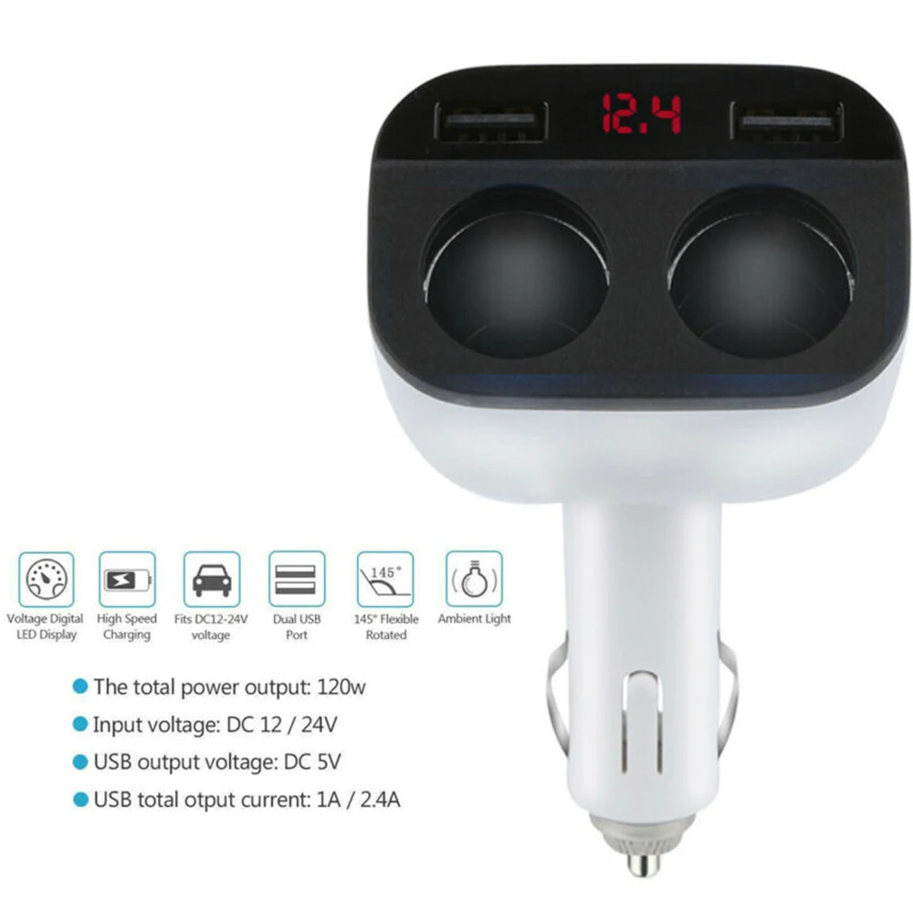 2 USB порта 3 Way розетка для автомобильного прикуривателя Разветвитель зарядное устройство DC 12~ 24V прикуриватель гнездо черный