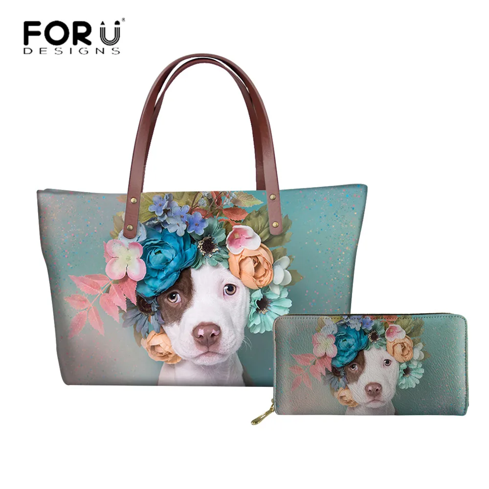 

FORUDESIGNS Flower Bull Terrier Print Tote Bags for Women Casual Floral Ladies Shoulder Handbags Female Simple Top-handle Bags