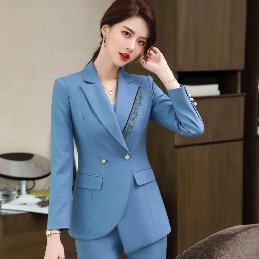 

IZICFLY Autumn Winter Irregular Patchwork woman suits with Pant Uniform Two Piece Set Ladies Elegant Business Blazer and Trouser