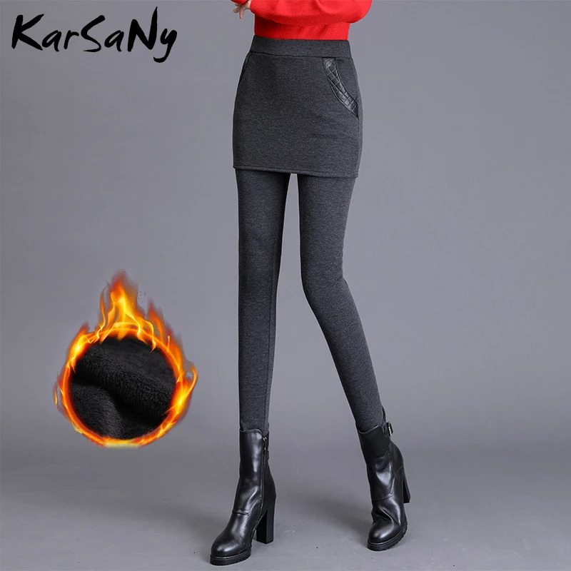 

KarSaNy Warm Winter Leggings With Skirt Women Velvet Pants High Waist Leggings Winter Plus Size Warm With Fleece Pants 2019