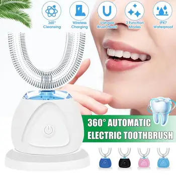 

360 Degrees Intelligent Automatic Electric Toothbrush U Type 3 Modes Wireless Charging Blue LED Light Deep cleaning whitening