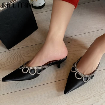 

RIBETRINI Brand New Luxury Ladies Fashion Crystal Pointed Toe Shoes Woman Med Thin Heels Slippers Women Party Ol Summer Mules