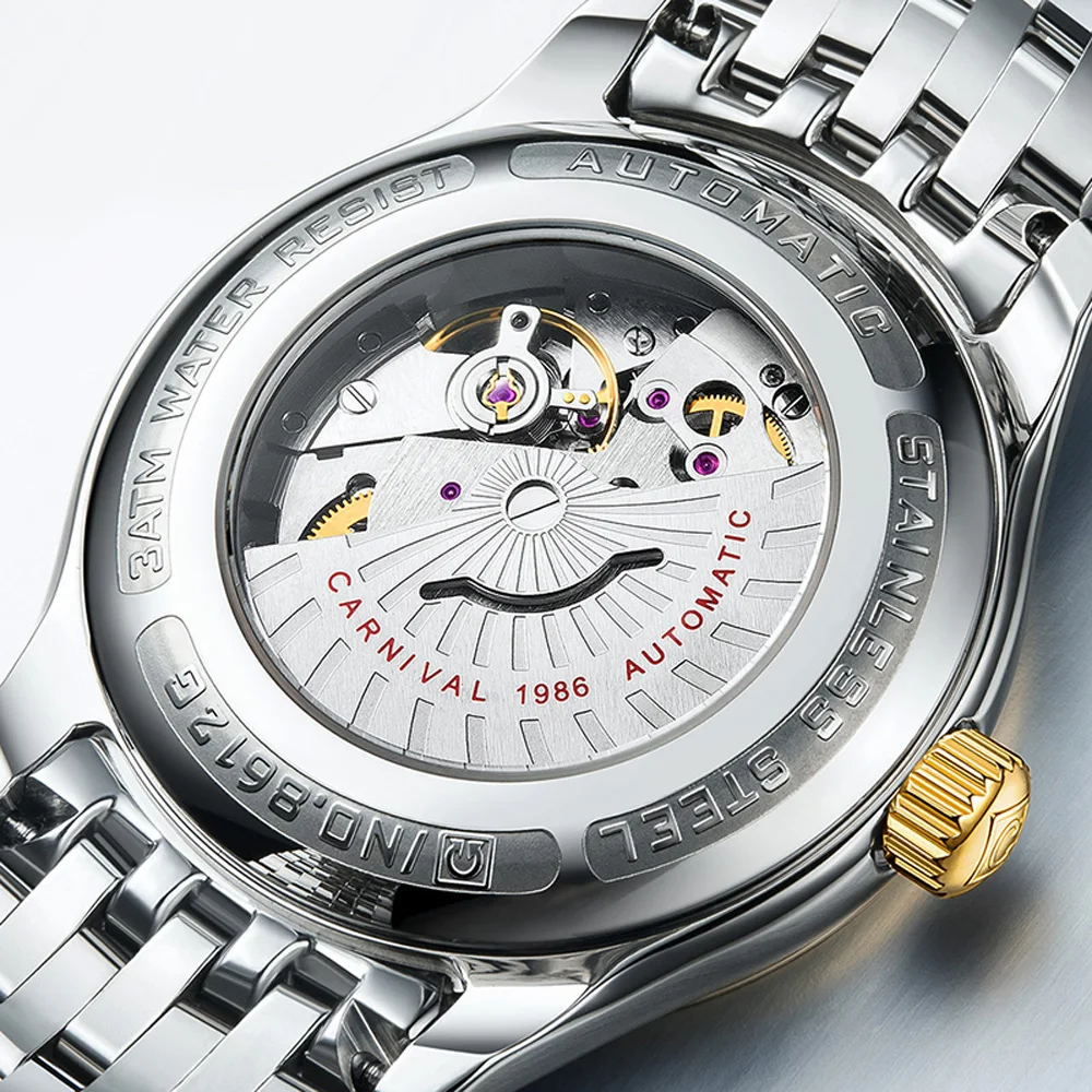 CARNIVAL Luxury Gold Steel Mechanical Watch Calendar Sapphire Men Automatic Wristwatch Waterproof Watches Relogio Fashion New