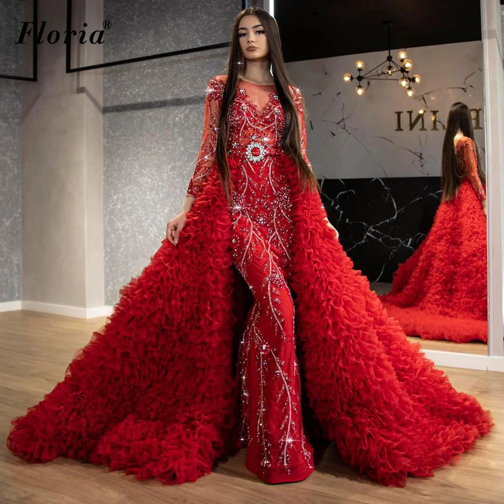 long sleeve formal dresses & gowns Two Pieces Red Evening Dresses With Detachable Train Long Sleeves Formal Evening Gowns Beads Celebrity Dresses For Women Robes plus size formal wear