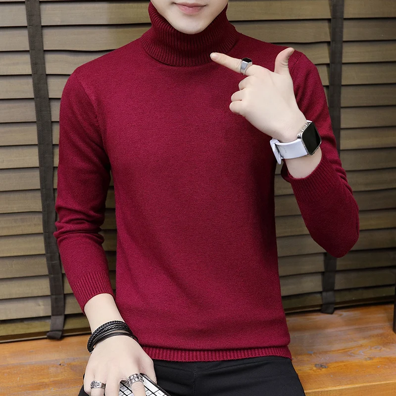 Men Turtleneck Sweater Autumn Winter Solid Color Casual Sweater Men's Slim Fit Knitted Pullovers Bottoming Jumper