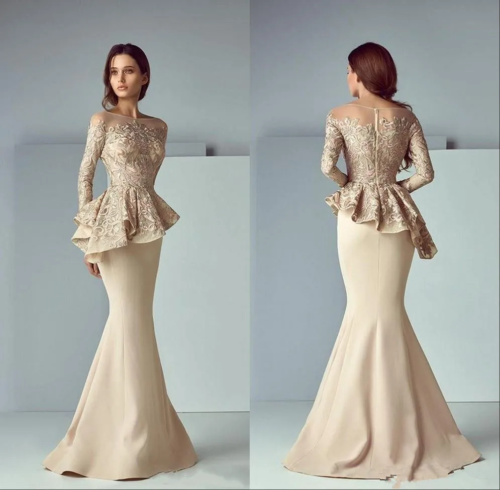 

Champagne Lace Stain Peplum Wear party Prom Dresses 2019 Sheer Neck Long Sleeve Dubai Arabic Mermaid Long Evening Formal Gowns