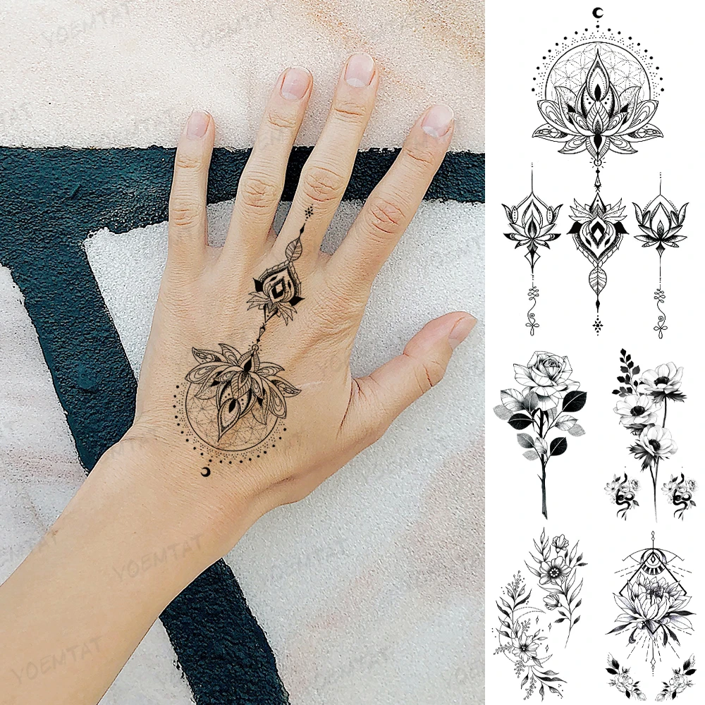 Petit Tatouage Femme Main Tatouage Temporaire Imperméable, Autocollant, Lune, Lotus, Rose, Fleur,  Petit Noir, Bras, Main, Faux, Pour Homme Et Femme, Art - Temporaire  Tatouages - AliExpress