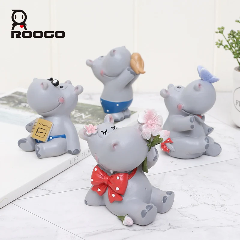 Roogo Hippopotamus Shaped Ornaments For Home Decor Cute Decoration Accessories For Car Resin Mini Figurines Kid Birthday Gift