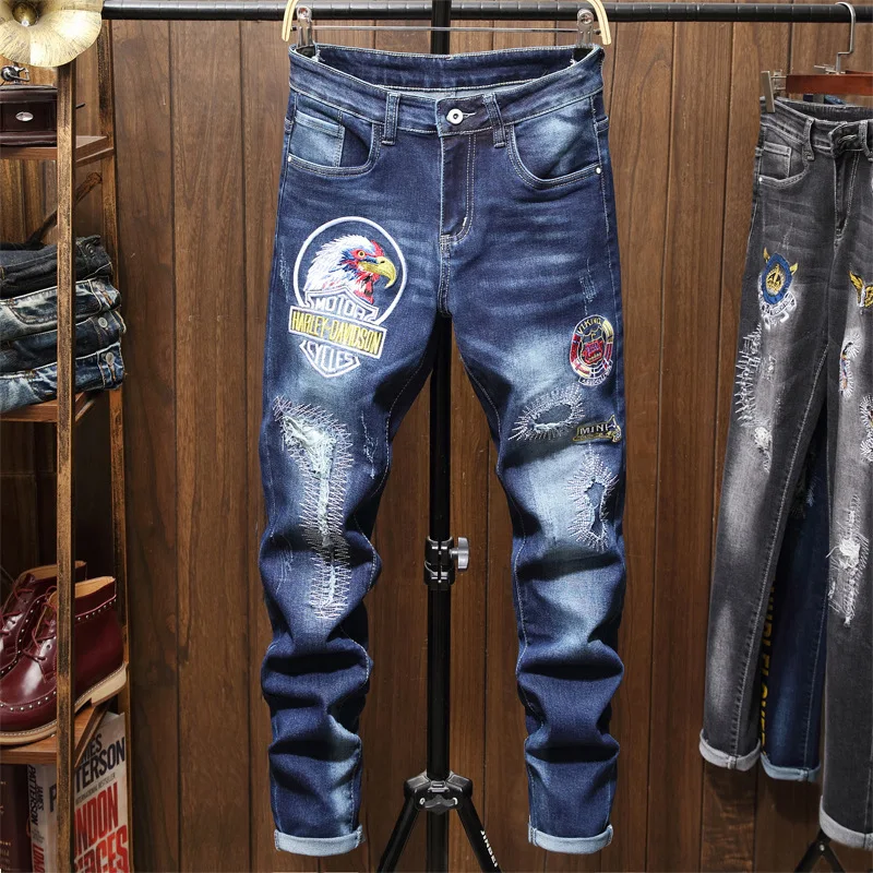 

new fund of 2019 autumn winters is the eagle eagle head embroidery printing straight jeans male blue cultivate morality