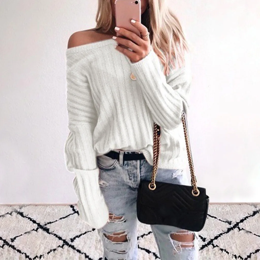 

Sweater Women large size Sexy Long Sleeve Knitted Pure Colored Loose Tops off shoulder jumper female Soft Brief Sweaters Jersey