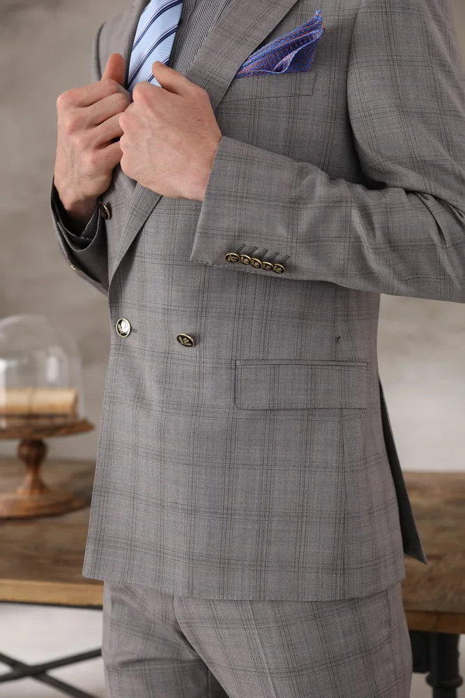 Tailor-made high quality worsted 150's wool Green and organ check Suit Men double breast reverse collar suit