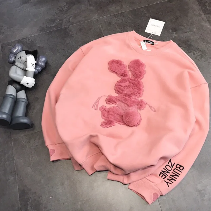 

Women's Pink Plush Embroidered Letter Rabbit Round O Neck Sweatshirt Pullover