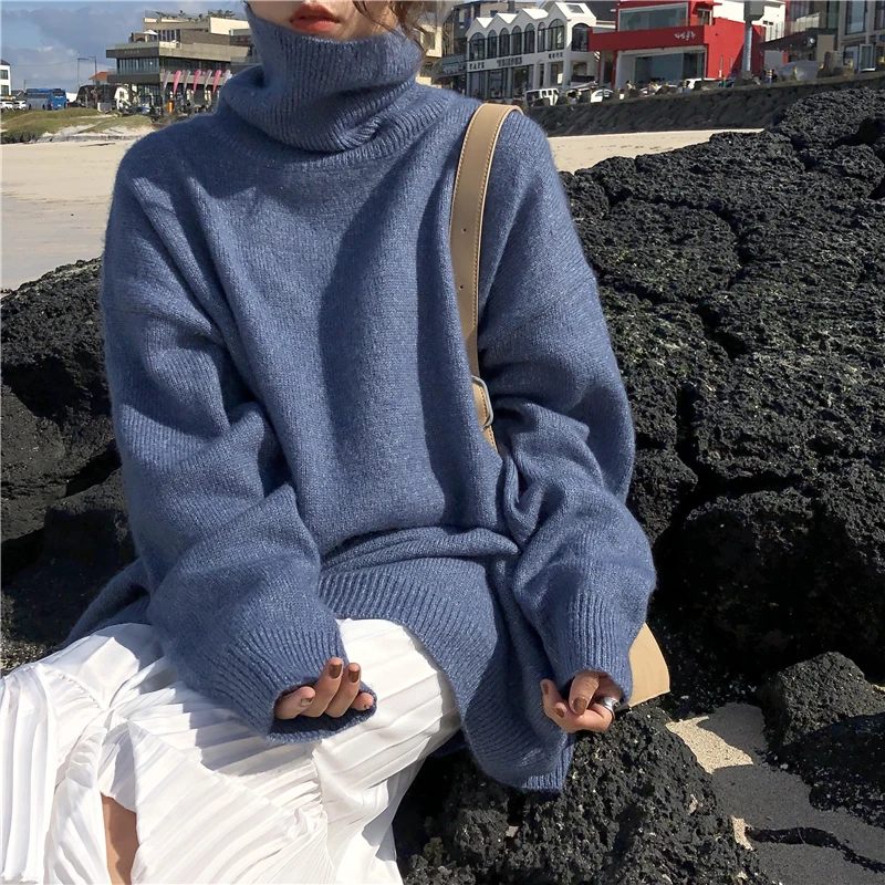 BGTEEVER, большие размеры, утолщенная теплая водолазка, женские вязаные топы, зима, универсальные, свободные, мягкие, полный рукав, Женский пуловер, свитера