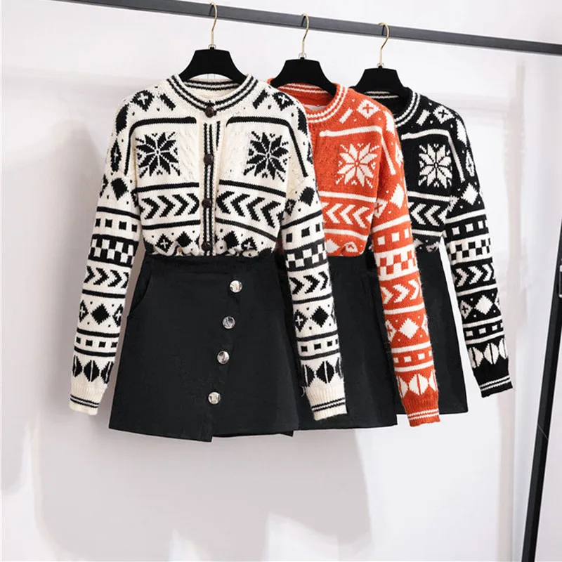 

Autumn Runway Women Long sleeve Single breasted Geometry Cardigans Sweater Coat+Oblique Buckle Mini Skirt 2 Piece Set Female