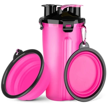 

HOT SALE Dog Water Bottle, 2 in 1 Portable Dog Water Dispenser and Food Container with 2 Foldable Bowls Rose Red