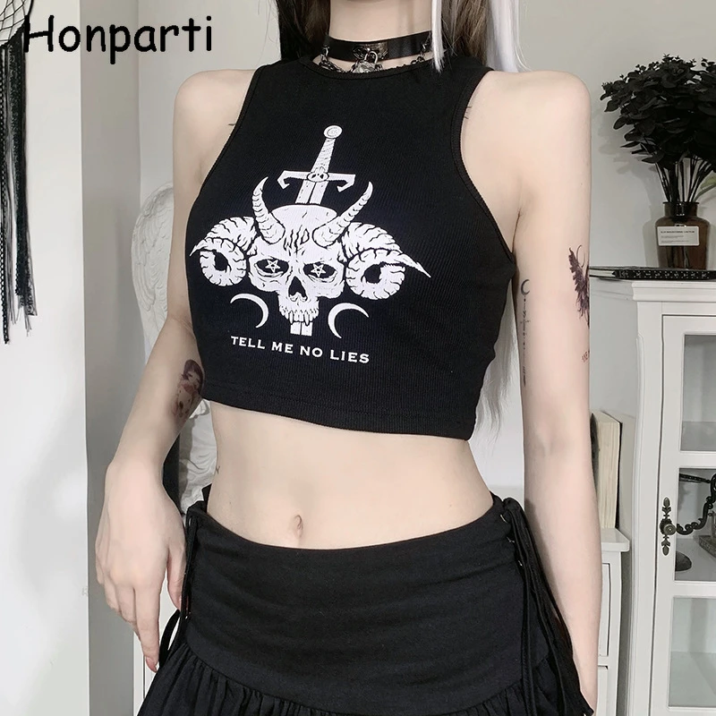 Mall Gothic Emo Skull Print Women Tank Tops Harajuku Grunge Aesthetic Black Punk Summer Crop Tops Bodycon Alt Clothes Camis Tank Tops Aliexpress