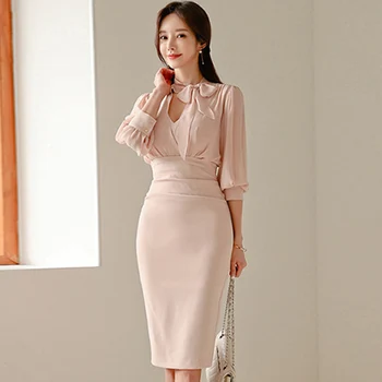 

Summer Bowknot V-Neck Pink Vestidos Knee-Length Bodycon Sexy High Waist Half Lantern Sleeve Chiffon Patchwork Party Dress