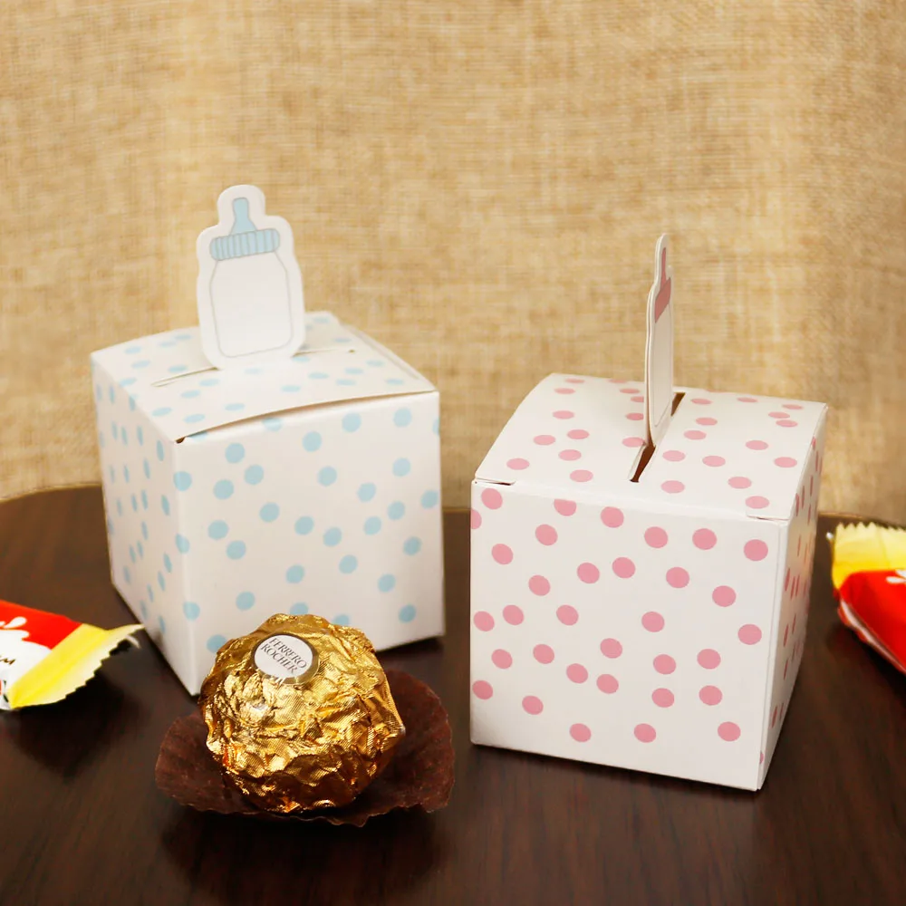 10 шт., голубые, розовые коробки для конфет в горошек, бумажная коробка в форме бутылочки, для дня рождения, для шоколадных конфет, посылка, Подарочная коробка для детского душа