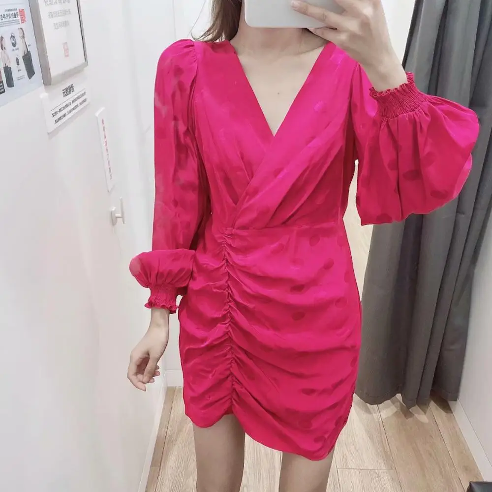 Skup 2020 kobiet elegancki krzyż v neck nadruk w kropki w stylu casual, plisowana mini sukienka kobiet latarnia rękaw sukienki stylowe vestidos mujer DS3137