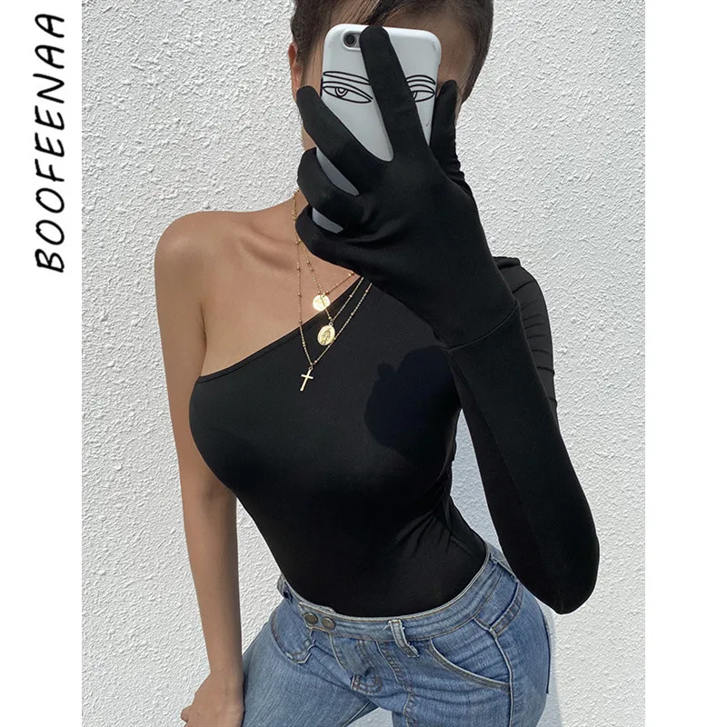BOOFEENAA, сексуальное черное боди с перчатками, на одно плечо, с длинным рукавом, с открытой спиной, цельное боди, женская одежда, боди, Mujer, C66-H24