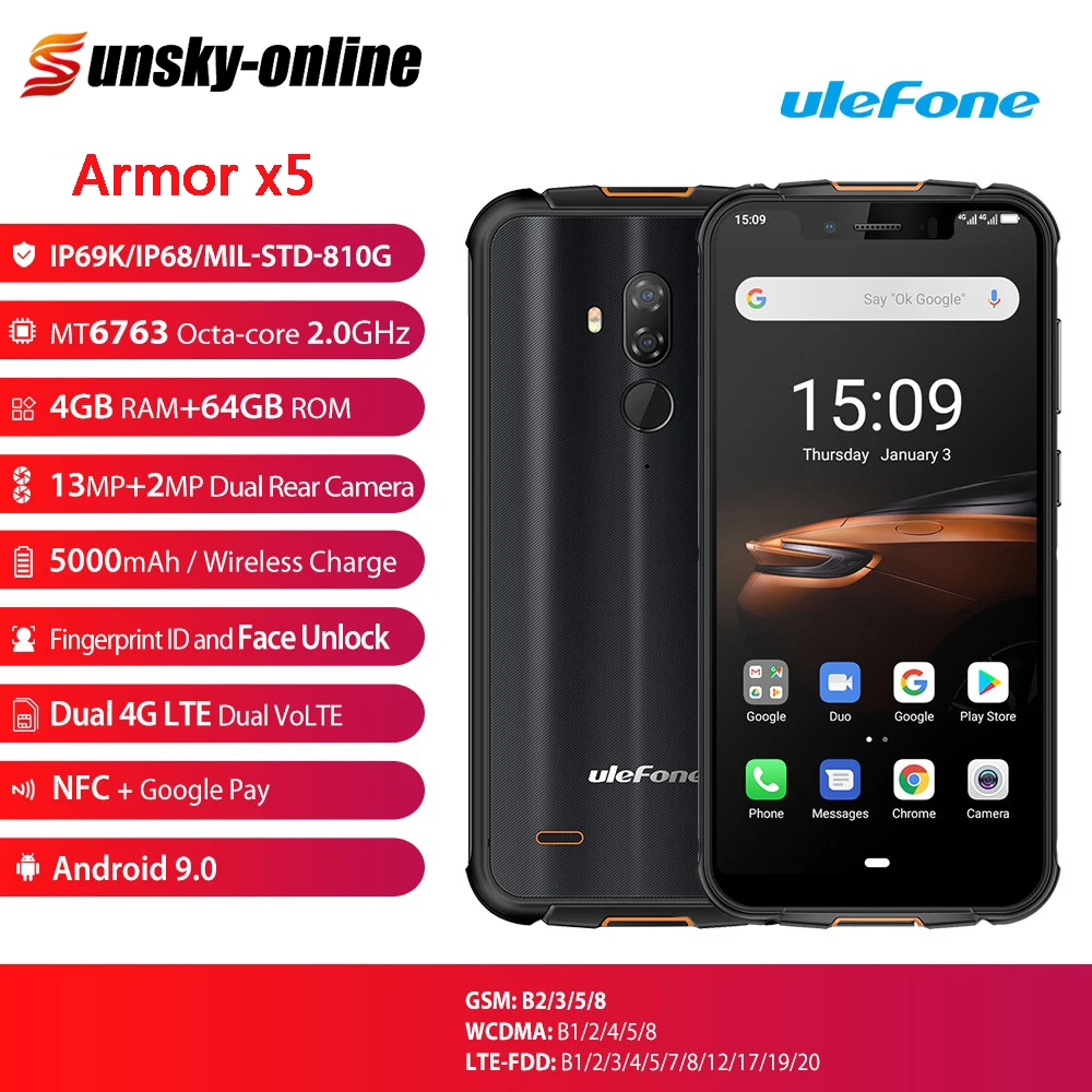 

Ulefone Armor 5S IP68 Waterproof Rugged Smartphone Otca-core Android 9.0 4GB+64GB Dual SIM 4G Mobile Phone NFC Wireless charge