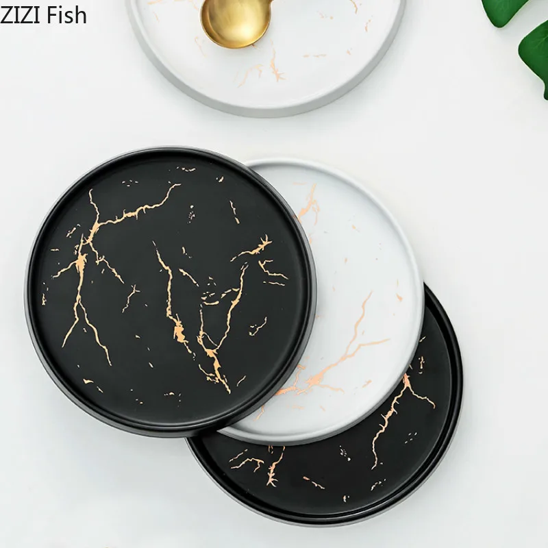 

Imitation Marble Ceramics Steak Plate Hotel Western Food Tableware Creative Household Vegetable and Fruit Dessert Plate