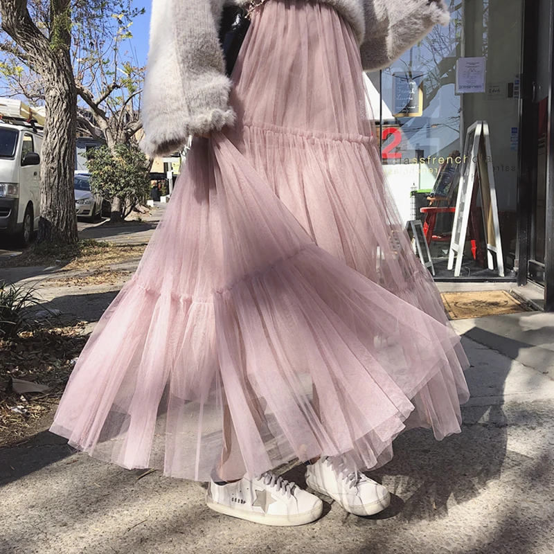 Длинная Тюлевая юбка Faldas Mujer Moda 3 слоя эластичный Высокая талия в Корейском стиле юбки с оборкой женские элегантные розовые плиссированные юбки Осенняя юбка