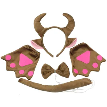 

Brown Cattle Animal Goat Horn Ear Headband Tie Tail Gloves For Kids Boys Girls Performance Cosplay Costume Party Halloween