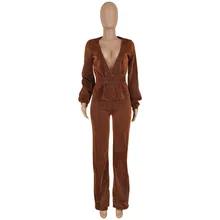

Elegant Brown Women Pants Set Fashion Long Sleeve V Neck Sexy Club Tops And Full Pants Two Pieces Sets Lady Outfits