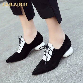 

Sarairis New Wholesale Trendy Brand Design Shoelace Pointed Toe Kid Suede Leather Round Heels Pumps Women Shoes Woman