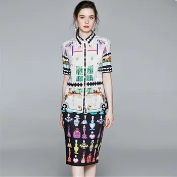

Women Summer Runway Skirt Set Short Sleeve Blouses + Vintage Perfume Print Skirt Elegant Office Lady 2 Piece Suit