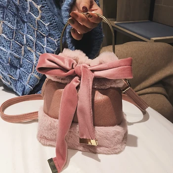 

Designer Handbags High Quality Portable Bucket Bag 2020 Winter Mini Women Shoulder Bag Ladies Plush Tote Bags Bow Messenger Bags