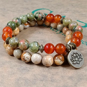

Charm Stone Wrist Mala Healing Crystal Lotus OM J-asper Bracelet Sets For Men Women Medetation Yoga Bead Carnelian Bracelet 2 pc