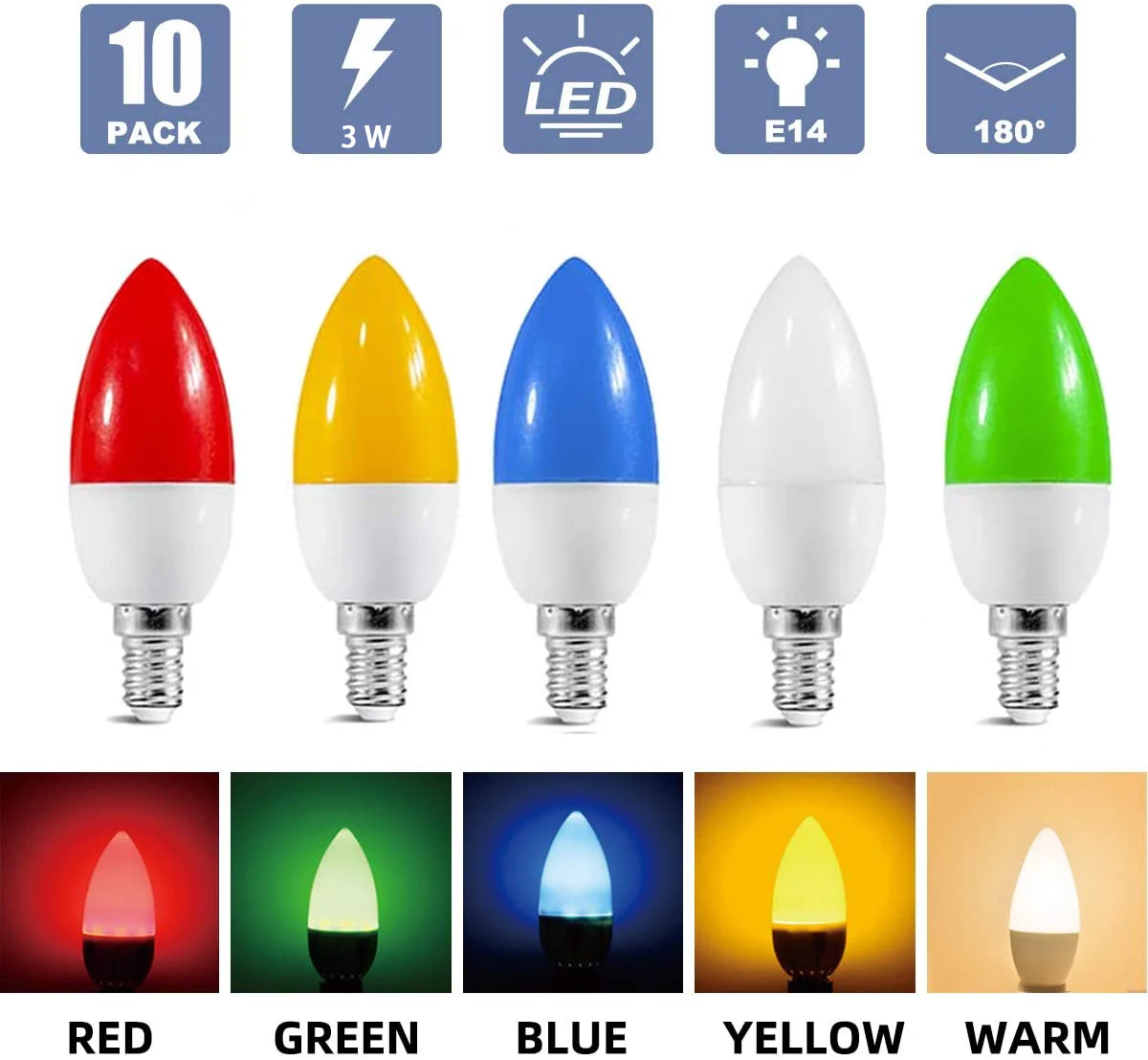 2x 3W LED Coloured SES E14 Candle Light Bulb Lamp Red Yellow Green Blue 85-265V 