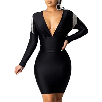 

New 2020 Spring Auutmn Women Solid Long Sleeve Dress Empire Tassel Sheath Mini Dress Sexy Night Club Wear Bandage Dresses