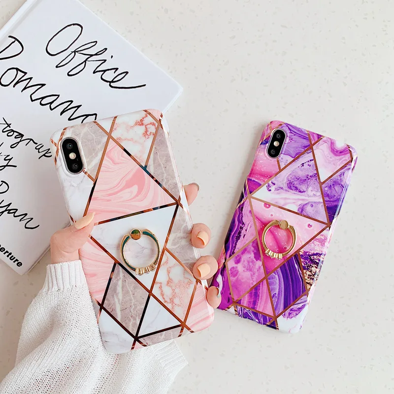 

Glossy Plating Geometric Marble Phone Case For Huawei P20 P30 Pro Lite Mate 20 Pro Lite Finger Stand Holder Soft IMD Back Cover