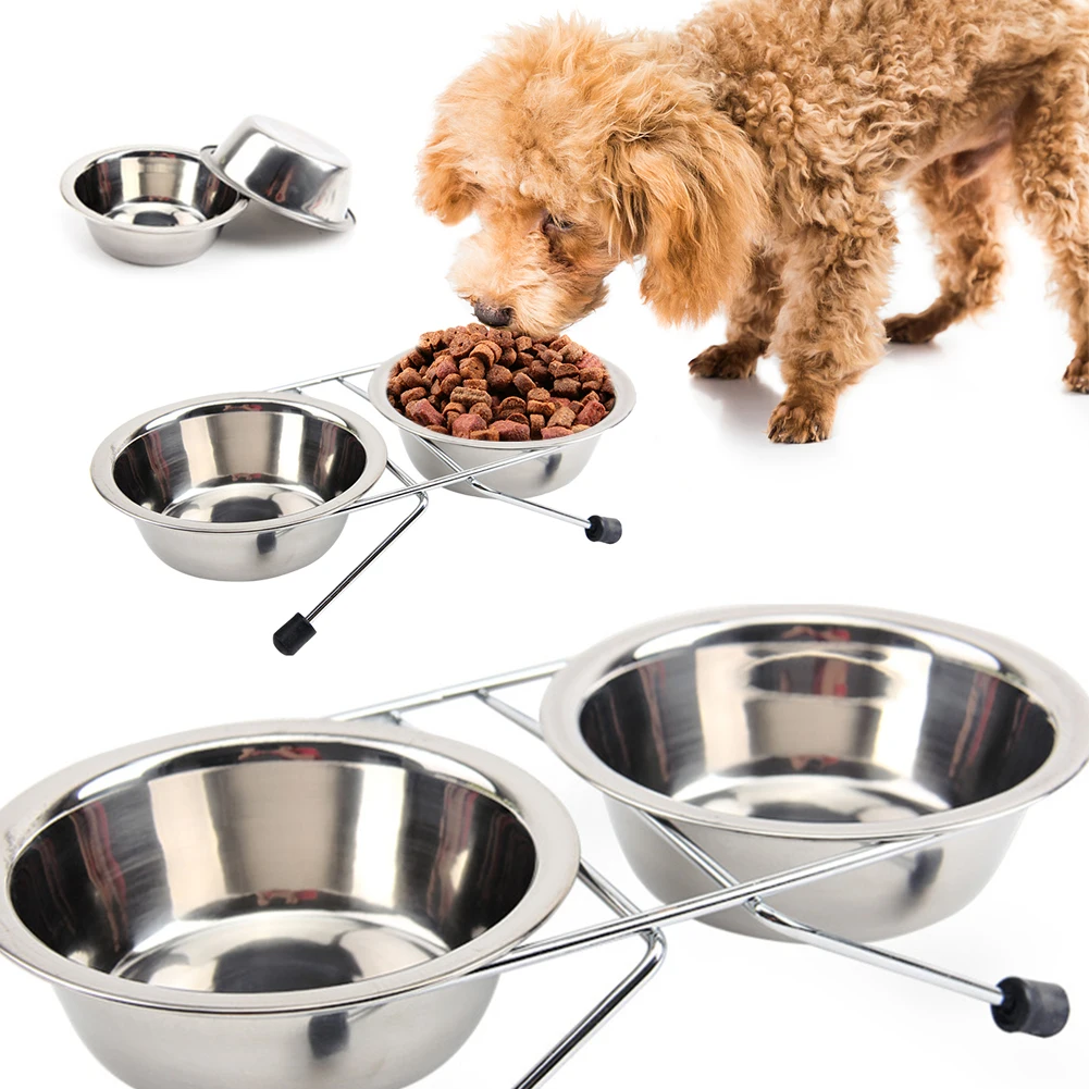 

Stainless Steel Double Pet Dog Bowl Feeding Station Raised Height Stand Smooth Surface Easy To Clean Pet Supplies