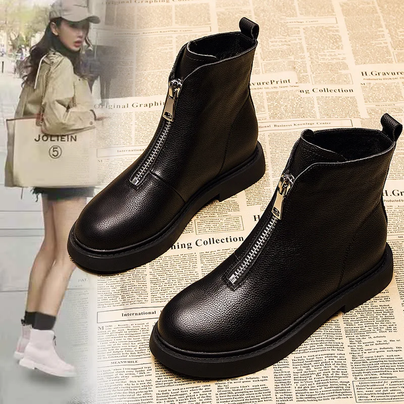 

2019 Autumn And Winter Front Zipper Full-grain Leather Short Boots Women's Soft-Sole Inner Height Increase High plus Velvet Mart
