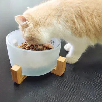 

Cat Bowl Dog Glass Non-slip Food Bowls With Protection Cervical Oblique Cat Food Tray With Wood Base Pet Drinking Water Bowls