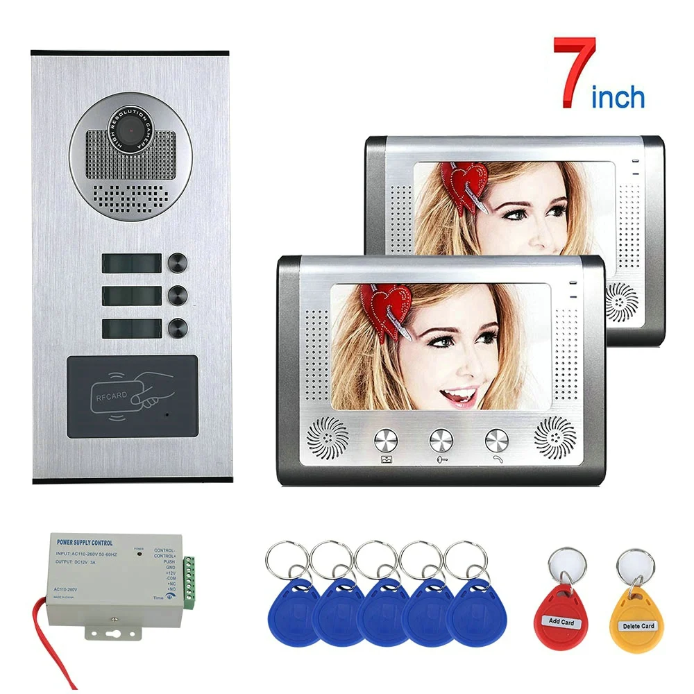 7 inch 2 Apartment/Family Video Door Phone Intercom System RFID IR-CUT HD 1000TVL Camera Doorbell Night Vision Camera Waterproof