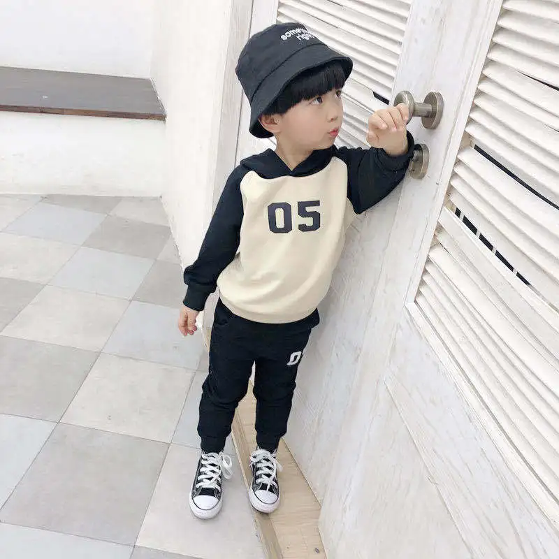 

2020 Spring New Style Cotton Children Long Sleeve Hoodie Set Men And Women Children Contrast Color Crew Neck with Numbers Printe