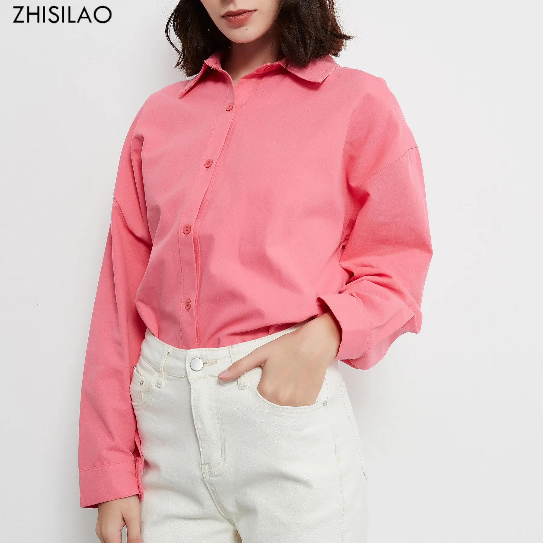 

ZHISILAO 2021 Autumn Women Shirts Rose Red Plain Loose Thick Oversized Blouses Female Tops Loose Retro Bf Korean Style Blusas